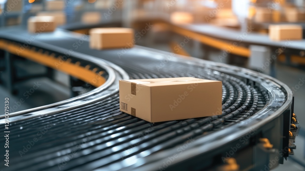Poster close-up of conveyor belts moving neatly packaged goods for shipping, showcasing the efficiency and 