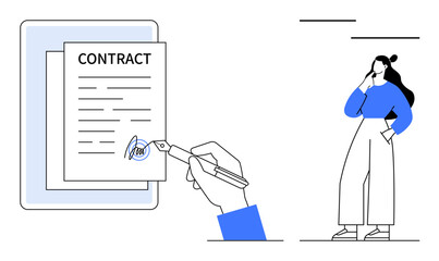 Hand signs contract with pen woman thinking. Ideal for legal agreements, business deals, responsibility, decision-making, formal contracts, business transactions, commitment. Blue and white abstract