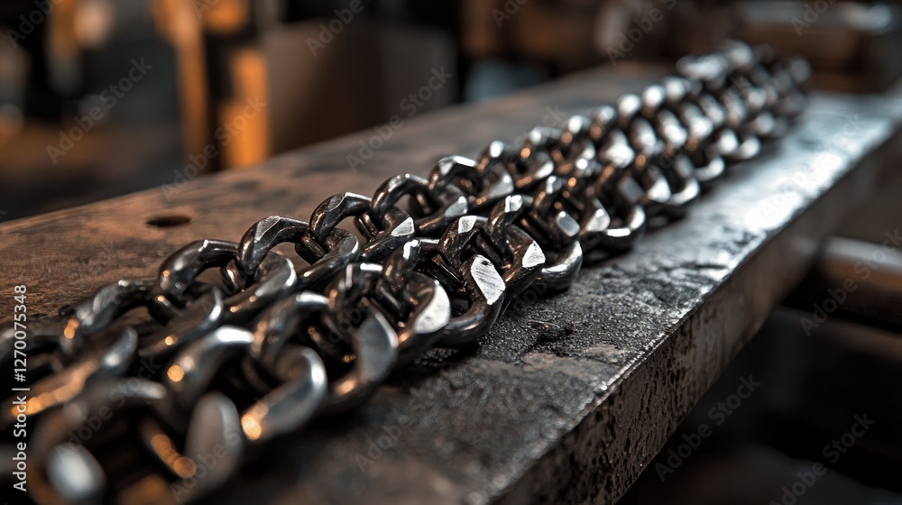 Poster close-up of heavy metallic chains on a workbench in an industrial workshop, highlighting the texture