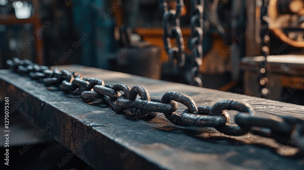 Poster close-up of heavy metallic chains on a workbench in an industrial workshop, highlighting the texture