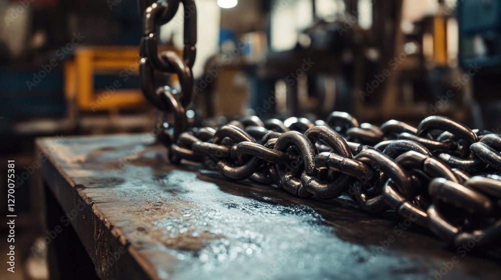 Poster close-up of heavy metallic chains on a workbench in an industrial workshop, highlighting the texture