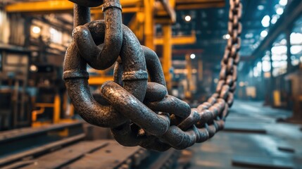 Close-up of heavy metal chains suspended in an industrial workshop, with steel equipment in the background emphasizing the craftsmanship in the scene.