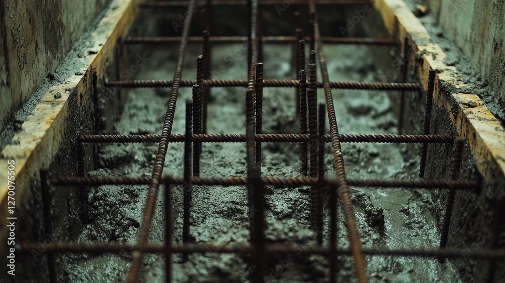 Poster Close-up of rebar and formwork arranged in a foundation pit, ready for concrete, showcasing the detailed and meticulous preparation process.