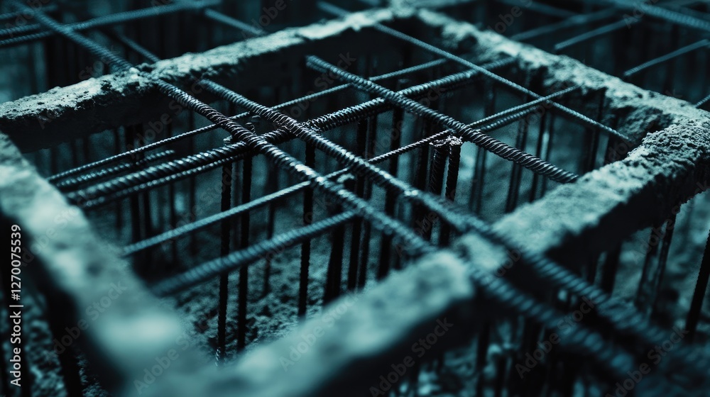 Poster close-up of rebar and formwork carefully arranged in a foundation pit, ready for the next step in th