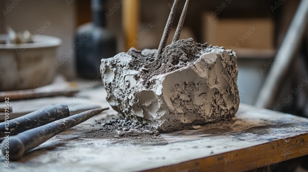 Poster Close-up of sculpting tools deeply embedded in a block of clay, placed on a workbench, showcasing the rawness and dedication of the creative process