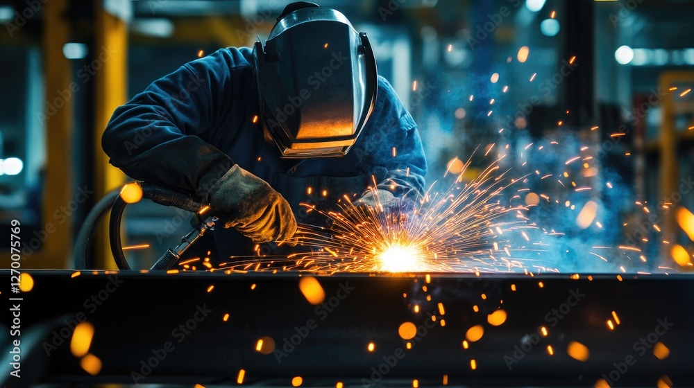 Poster close-up shot of a welder in action, sparks flying from the metal as they work with precision, surro