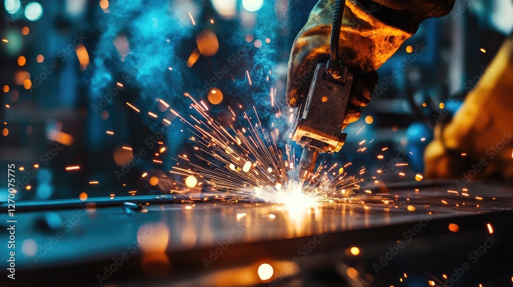 Poster close-up shot of a welder in action, sparks flying from the metal as they work with precision, surro
