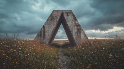 Rustic triangular concrete structure in a wildflower field under a moody sky, leading to an open landscape at sunset