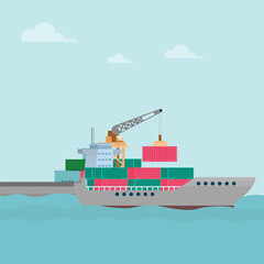 Vector illustration of crane container handler in a port in cartoon flat style. Logistics transportationt container with industrial crane import and export in shipping cargo harbor yard.
