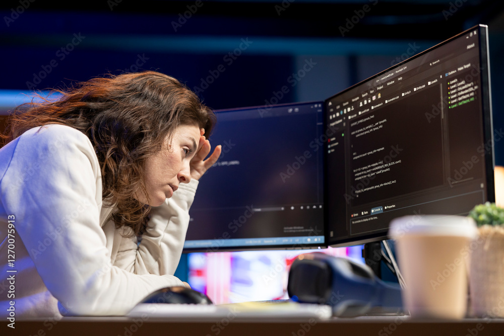 Poster tired woman hurting from too much stress accumulated while doing software quality assurance, reading