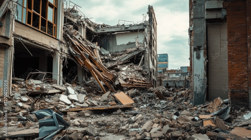 Poster Debris and structural ruins from a destroyed building seen from the side, creating an impactful visual of destruction and reconstruction.