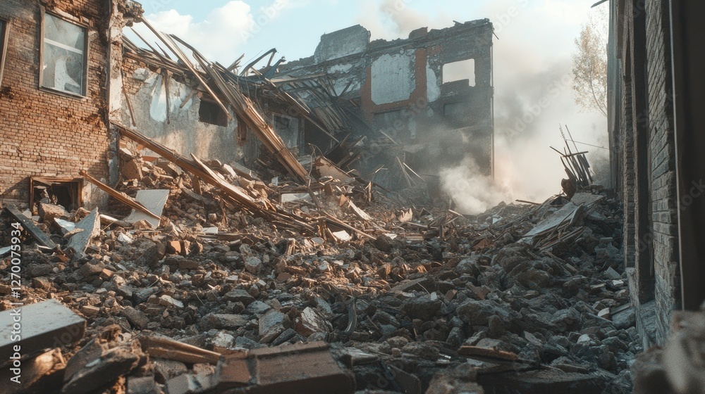 Poster Debris and structural ruins from a destroyed building seen from the side, creating an impactful visual of destruction and reconstruction.