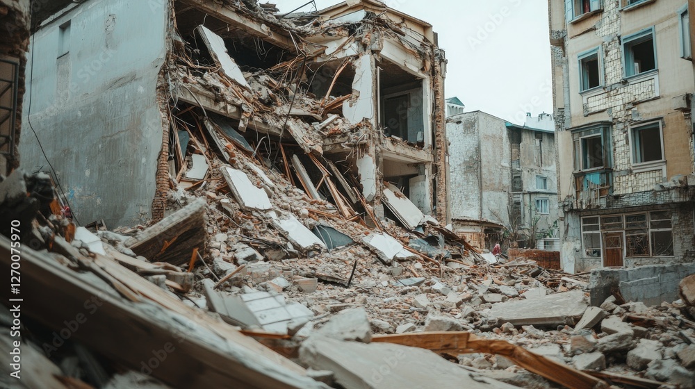 Poster Debris and structural ruins from a destroyed building seen from the side, creating an impactful visual of destruction and reconstruction.