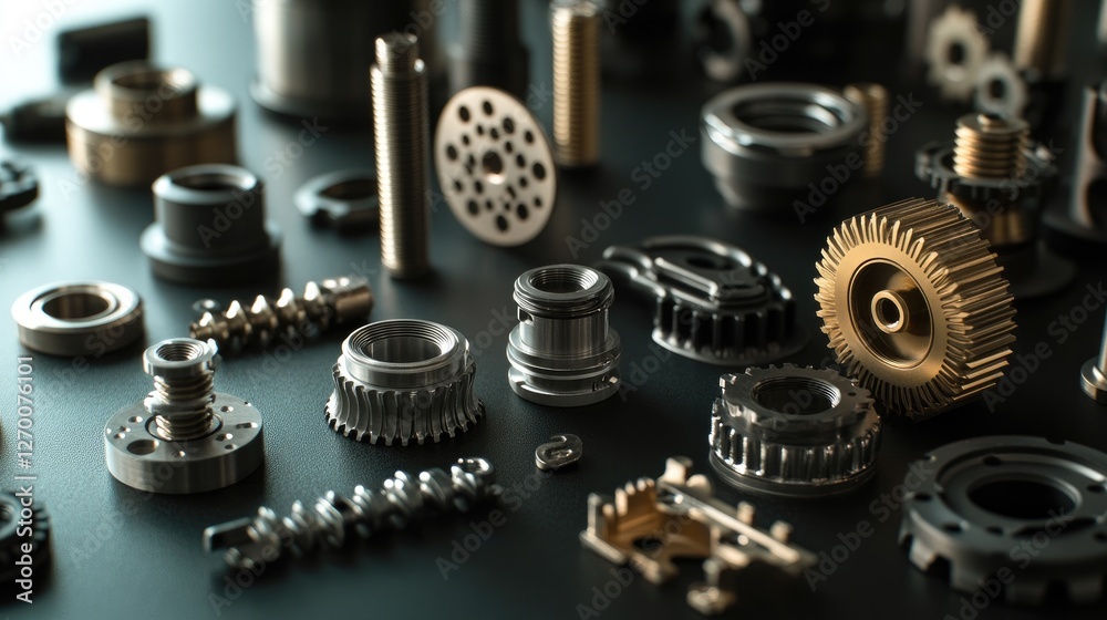Aufkleber Different metallic industrial components displayed on a dark surface, focusing on their textures and intricate details for engineering use.