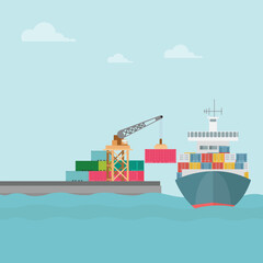 Vector illustration of crane container handler in a port in cartoon flat style. Logistics transportationt container with industrial crane import and export in shipping cargo harbor yard.