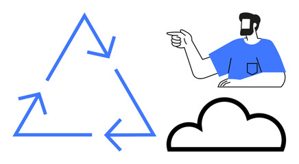 Blue arrow triangle symbolizes recycling, black cloud, pointing man in blue symbolize guidance and awareness. Ideal for recycling, guidance, awareness, sustainability, cloud computing, environmental