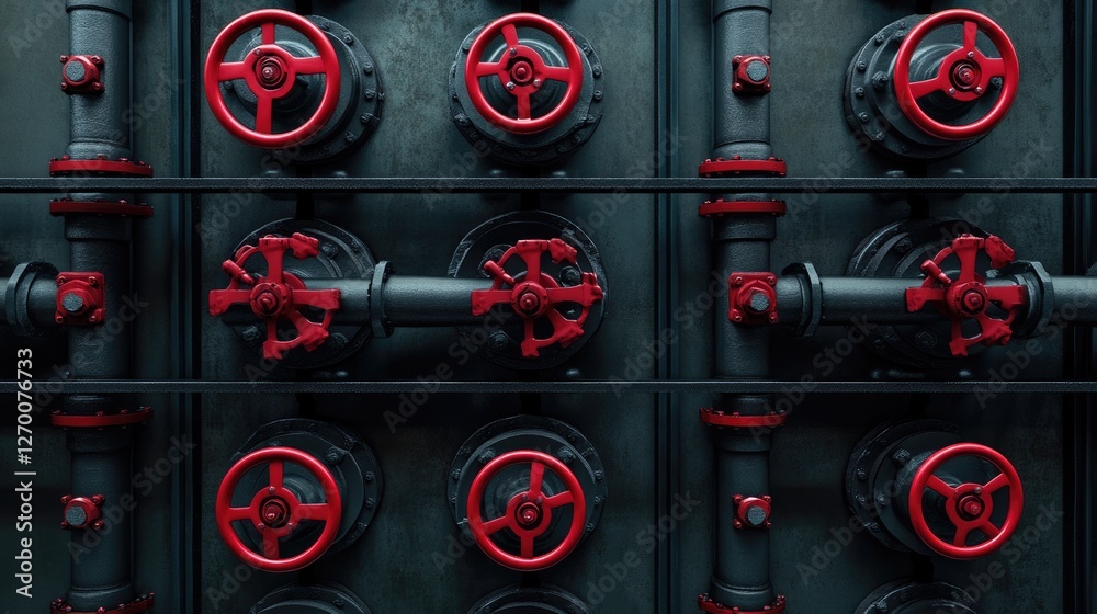 Poster Industrial pipes with red valves connected in a factory setting, emphasizing the functional and mechanical design of the system.