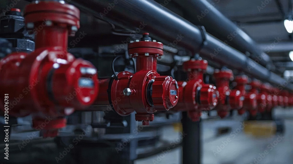 Poster Industrial pipes with red valves connected in a factory setting, emphasizing the functional and mechanical design of the system.