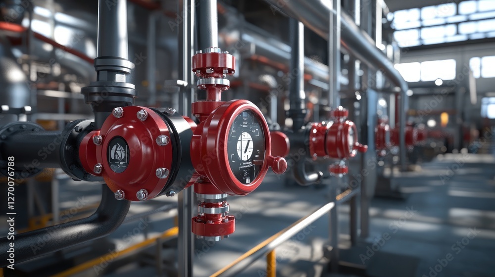 Poster Industrial pipes with red valves connected in a factory setting, emphasizing the functional and mechanical design of the system.