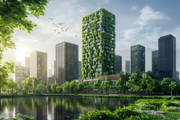 Obraz premium Eco-friendly cityscape with modern green buildings and renewable energy integration