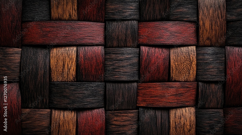 Poster intricate interwoven wooden texture, featuring dark brown and reddish-brown blocks, creating a visua