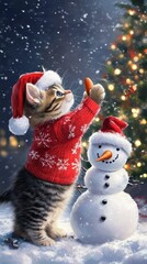 A whimsical winter's tale, Kitten's first snowman with a carrot nose touch