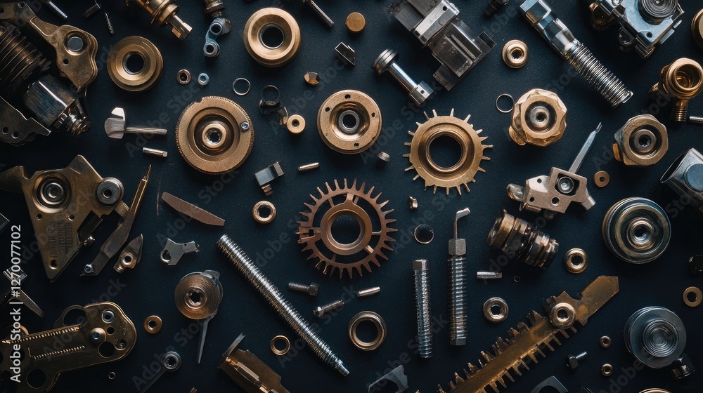 Poster metallic parts and fasteners scattered across a dark surface, displaying intricate design and crafts