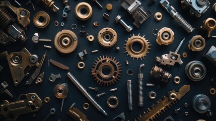 Metallic parts and fasteners scattered across a dark surface, displaying intricate design and craftsmanship in industrial components.