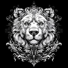 Obraz premium Majestic lion head, ornate frame, graphic design, apparel print, cool style