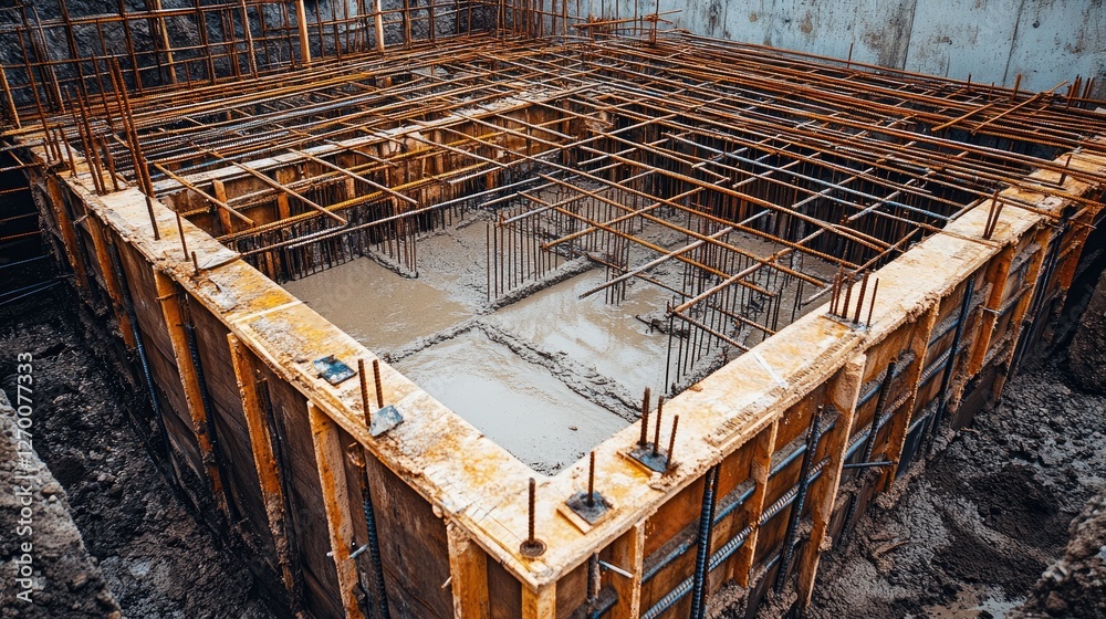 Poster Rebar and formwork inside a foundation pit, meticulously arranged for the next step of concrete pouring, illustrating the care in construction.