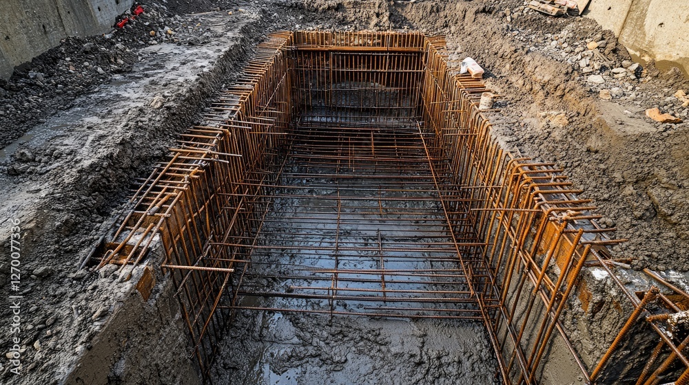 Poster Rebar and formwork inside a foundation pit, meticulously arranged for the next step of concrete pouring, illustrating the care in construction.