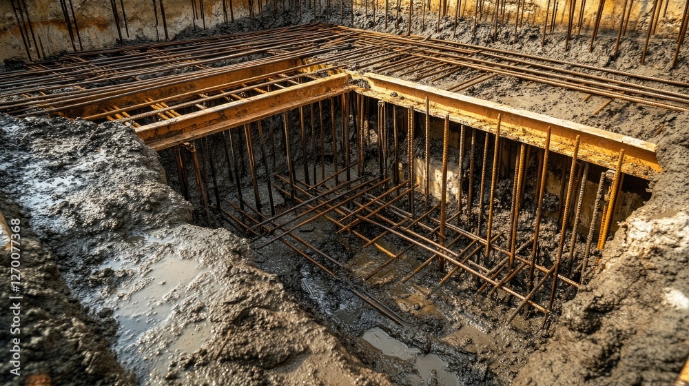 Poster rebar and formwork inside a foundation pit, meticulously arranged for the next step of concrete pour
