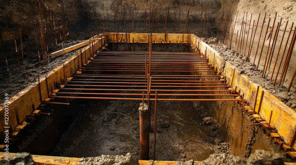 Poster rebar and formwork inside a foundation pit, meticulously arranged for the next step of concrete pour