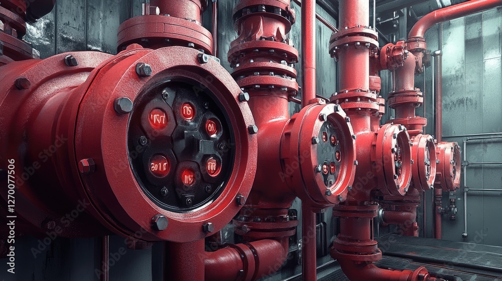 Poster Red valves and pipes arranged in an industrial setting, showcasing the mechanics of the system in a detailed and efficient environment.