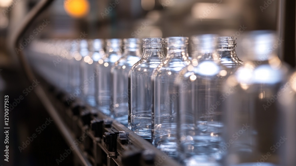 Poster Rows of clear bottles moving along a production line, with gleaming surfaces and exact alignment, emphasizing the efficiency of the process.