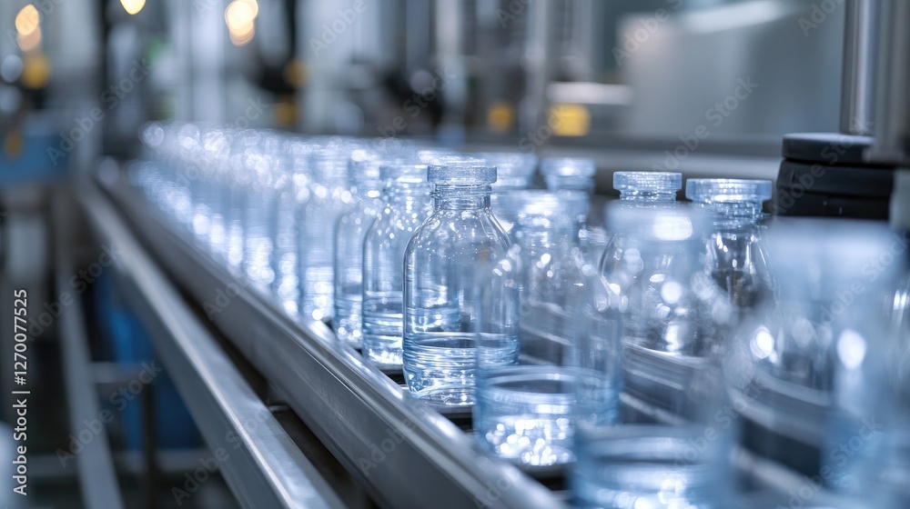 Poster Rows of clear bottles moving along a production line, with gleaming surfaces and exact alignment, emphasizing the efficiency of the process.