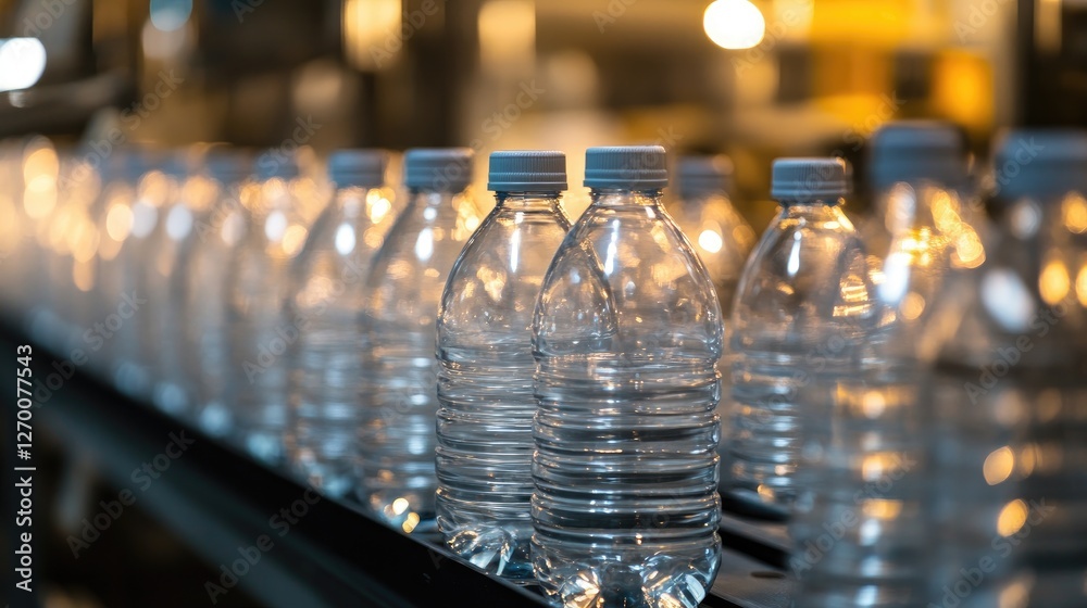 Poster Rows of clear bottles moving along a production line, with gleaming surfaces and exact alignment, emphasizing the efficiency of the process.