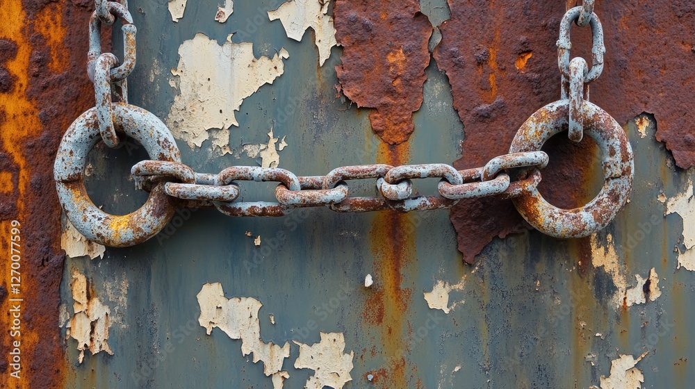 Poster rusted, worn-out chain hanging from a rusted metal surface with peeling paint, evoking a sense of ab