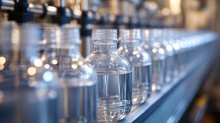 Rows of clear bottles moving along a production line, with gleaming surfaces and exact alignment, emphasizing the efficiency of the process.