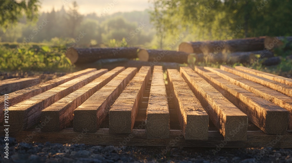 Poster square beams of lumber drying under warm sunlight, with logs and greenery in the background, showcas