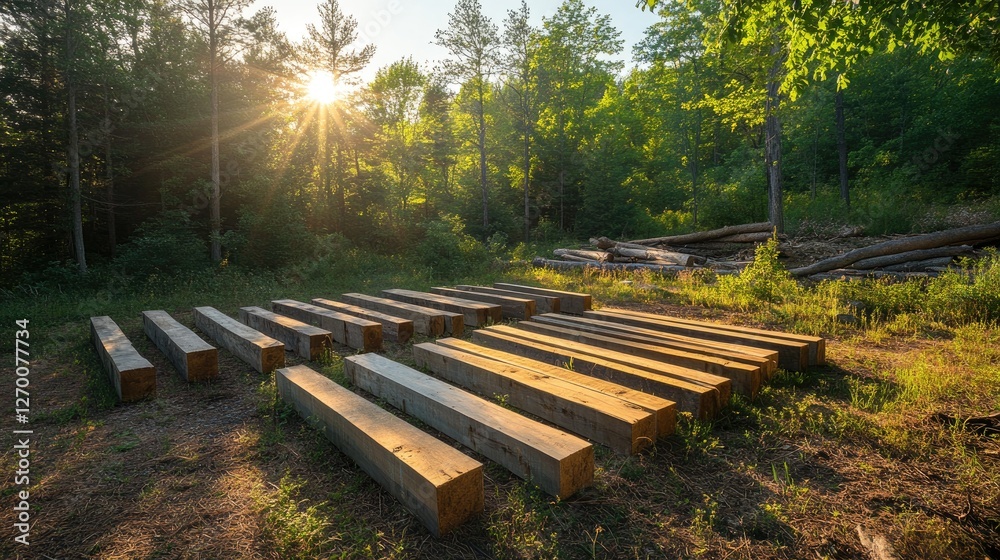 Poster square beams of lumber drying under warm sunlight, with logs and greenery in the background, showcas