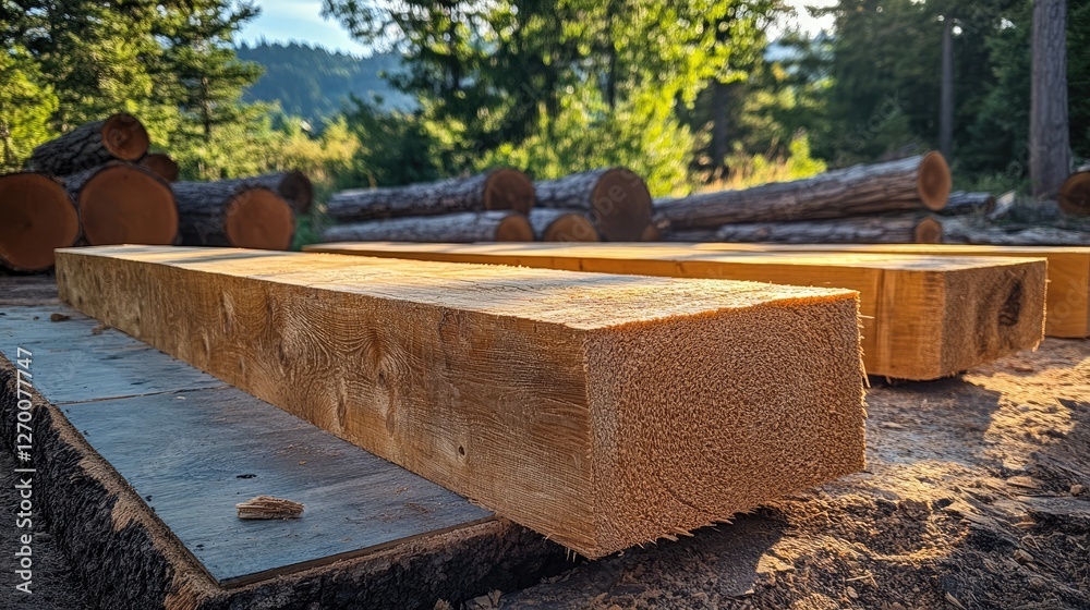 Poster square beams of lumber drying under warm sunlight, with logs and greenery in the background, showcas