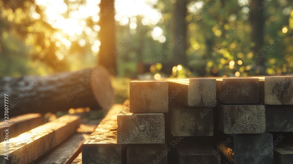 Poster square lumber beams stacked high, drying under the warm sunlight, with logs and greenery in the back