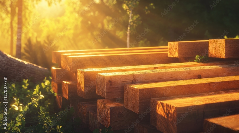 Poster square lumber beams stacked high, drying under the warm sunlight, with logs and greenery in the back
