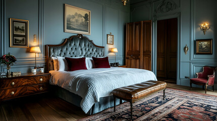 Elegant bedroom with gray-blue walls, a plush bed, and wooden flooring