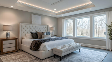 Elegant bedroom with white decor, tray ceiling lighting, and a plush king-size bed for a luxurious feel