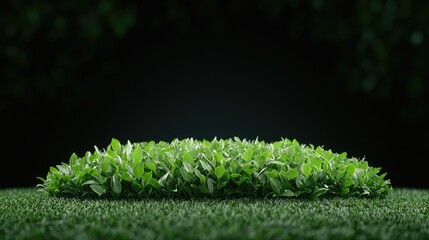 Fototapeta premium A lush mound of vibrant green leaves grows on a grassy field against a dark background.