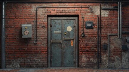 The entrance to a transformer area with metal doors set into a red brick wall, creating an industrial look softened by the aged bricks.