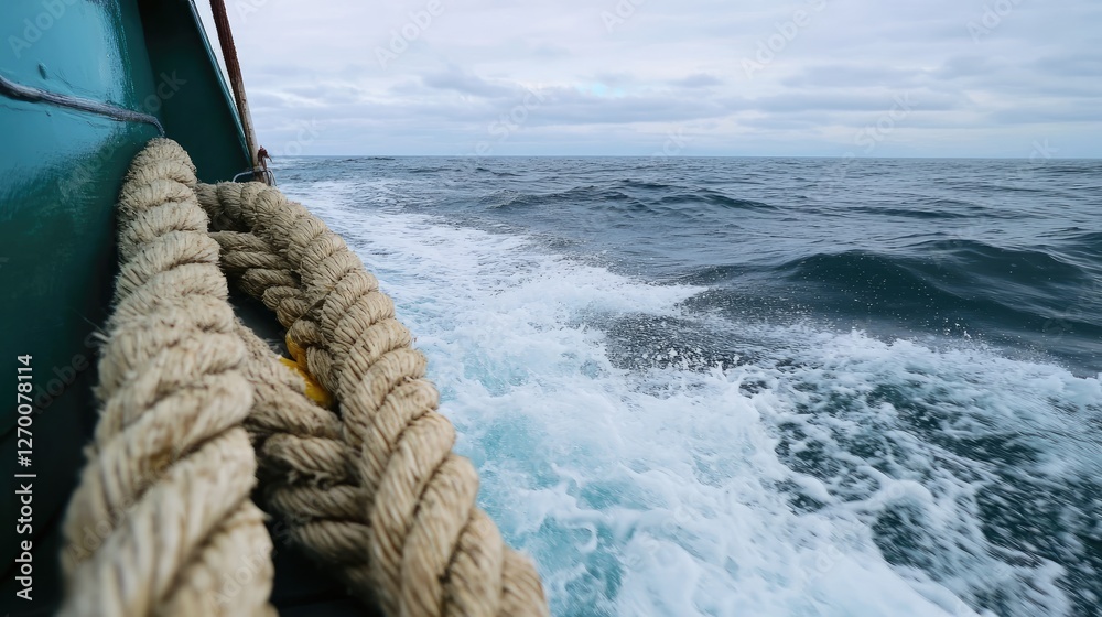 Poster the texture of a rope on a boat at sea, with the ocean in the background, emphasizing the strength a