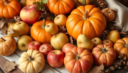 Pumpkins apples and pears arranged in an autumn harvest display
